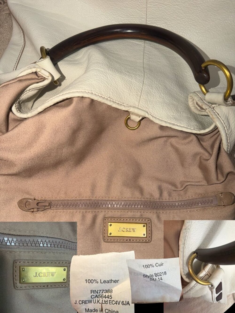 VTG J Crew Horn Handle Hobo Bone White Pebbled Leather Slouchy Shoulder Bag Boho - Picture 11 of 11